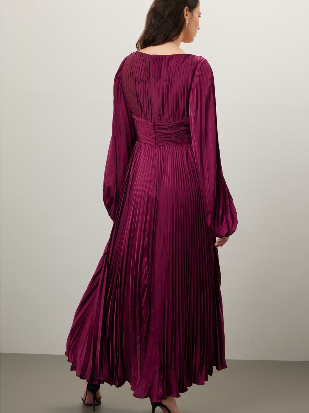 Mac Duggal Rich Plum Pleated Long Sleeve Midi Dress - Picture 2 of 11